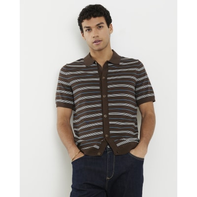 Brown Short Sleeve Knitted Stripe Shirt