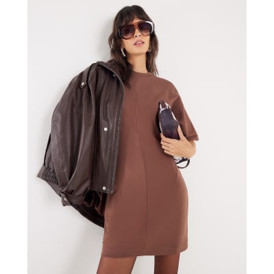 Brown Short Sleeve Mini T-shirt Dress