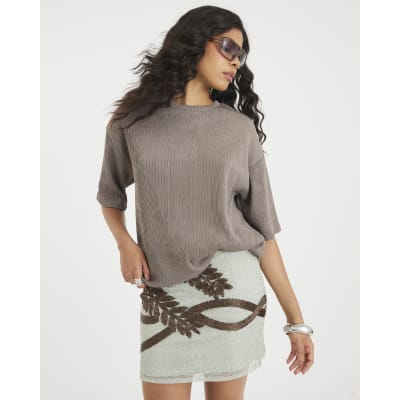 Brown Short Sleeve Oversized Texture T-shirt