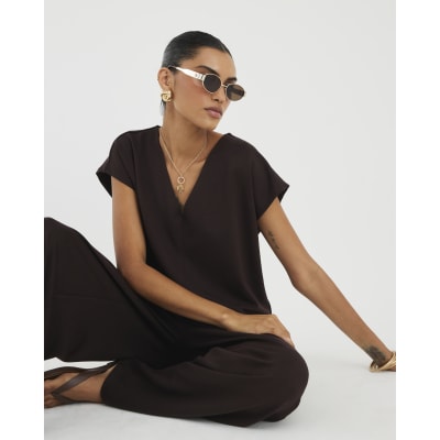 Brown Short Sleeve V-neck T-shirt