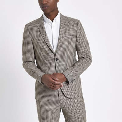 Brown skinny fit dogstooth check suit jacket