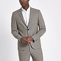 Brown skinny fit dogstooth check suit jacket