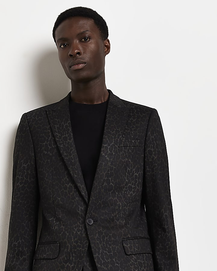 Brown skinny fit leopard print suit jacket