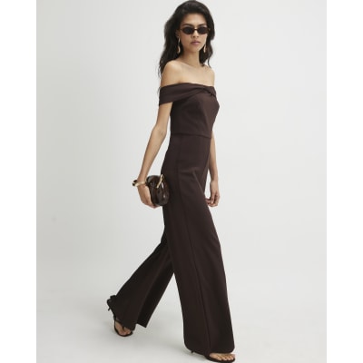 Brown Sleeveless Bardot Jumpsuit