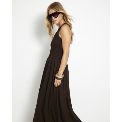Brown Sleeveless Bubble Hem Racer Midi Dress | River Island