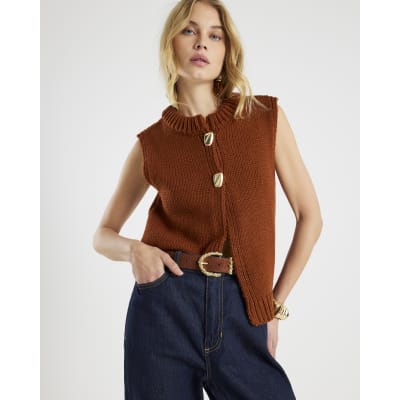 Brown Sleeveless Button Up Cardigan