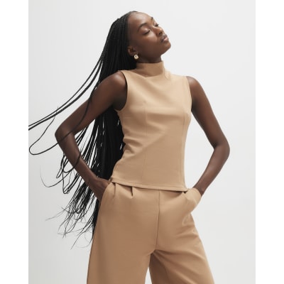 Brown Sleeveless High Neck Top