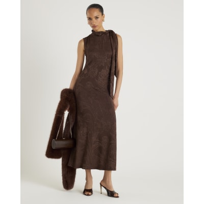 Brown Sleeveless Jacquard Scarf Midi Dress