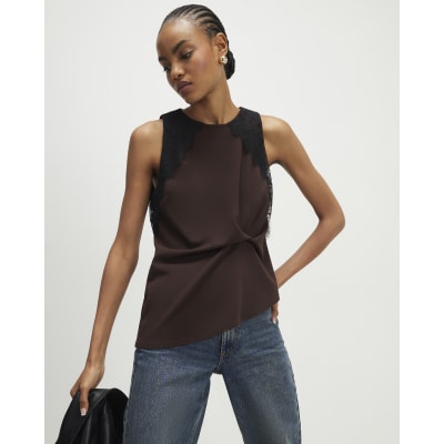 2X Plus Size Womens Brown Rust Copper Lace Sleeveless Elegant Cami