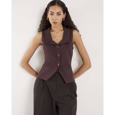 Brown Sleeveless Lapel Waistcoat
