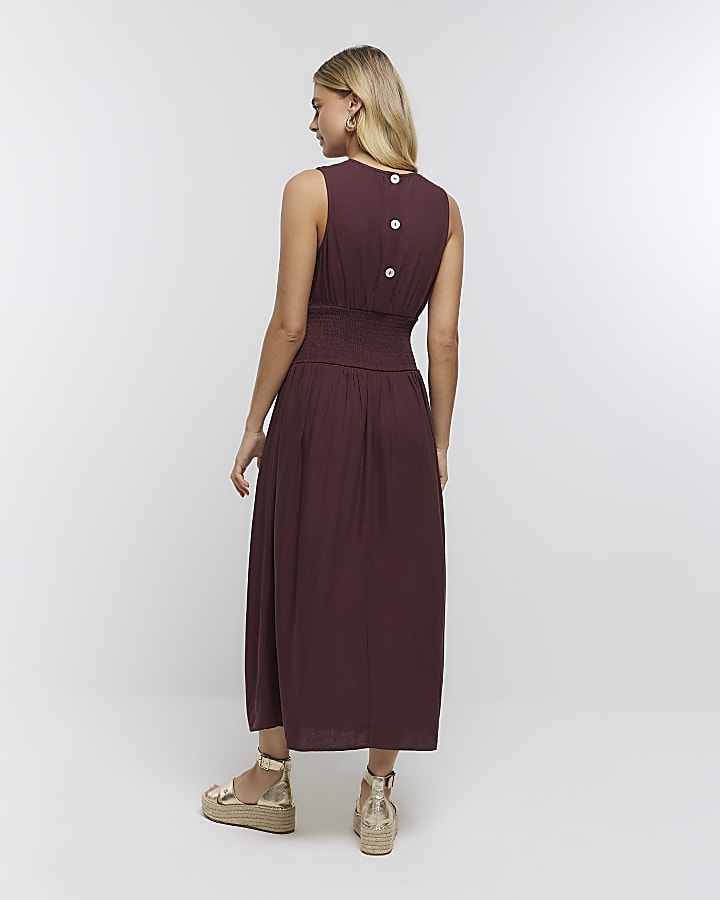 Brown sleeveless midi dress with linen