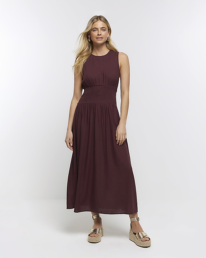 Brown sleeveless midi dress with linen