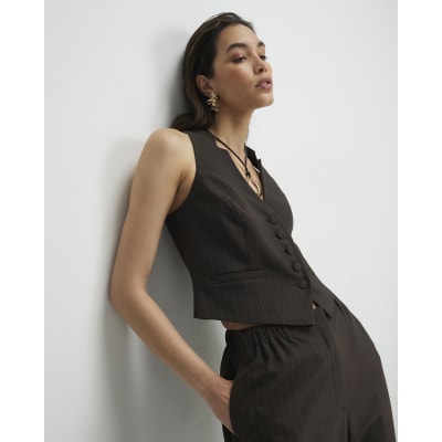 Brown Sleeveless Pinstripe Crop Waistcoat