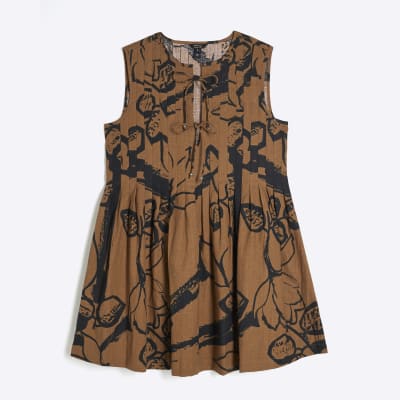 Brown Sleeveless Pleated Swing Mini Dress | River Island