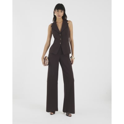 Brown Sleeveless Ruched Waist Jumpsuit