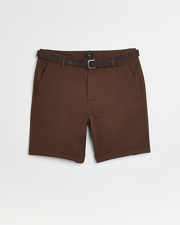 Brown Slim fit belted chino shorts