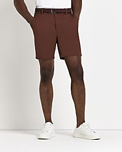 Brown Slim fit belted chino shorts