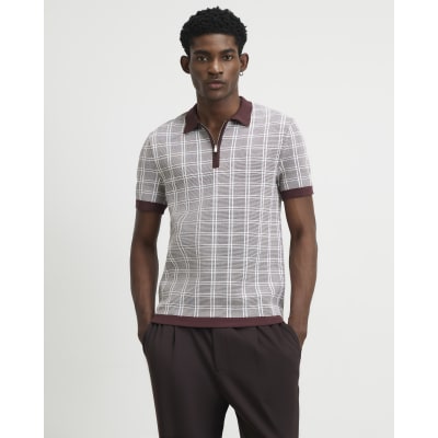 Brown Slim Fit Check Knitted Polo Shirt