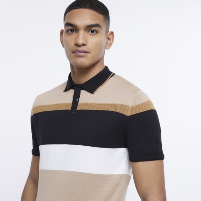 Brown Slim fit colour block knit polo shirt River Island