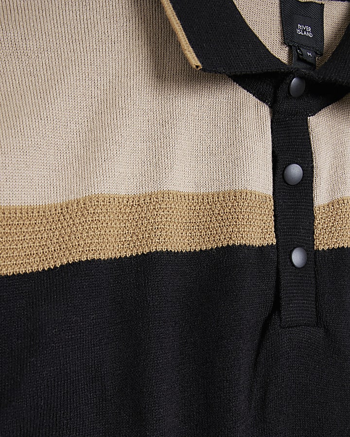 Brown Slim fit colour block knit polo shirt