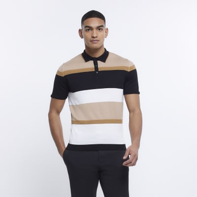 Brown Slim fit colour block knit polo shirt River Island