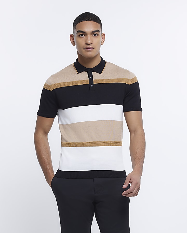 Brown Slim fit colour block knit polo shirt