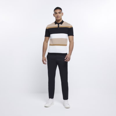 Brown Slim fit colour block knit polo shirt