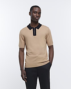 Brown slim fit contrast knit polo