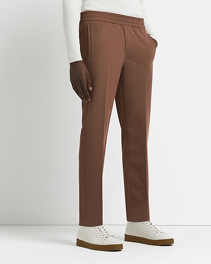 Brown slim fit elasticated waist trousers