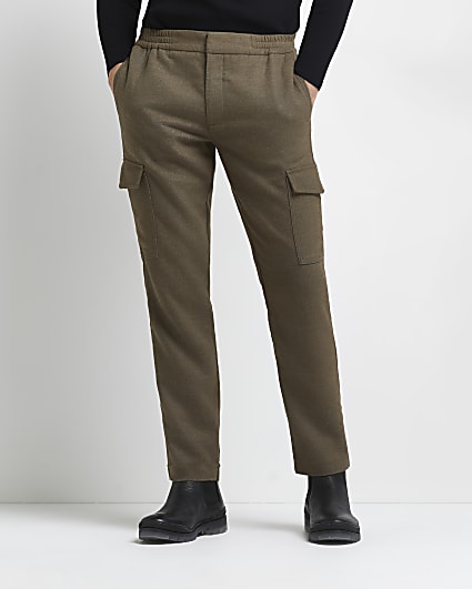 Brown slim fit flannel cargo trousers
