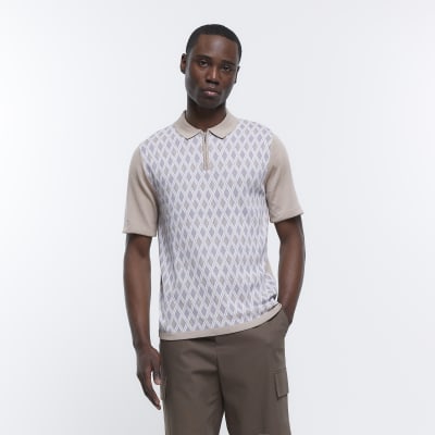 Brown slim fit geometric print knitted polo | River Island