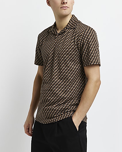 Brown slim fit geometric revere polo shirt