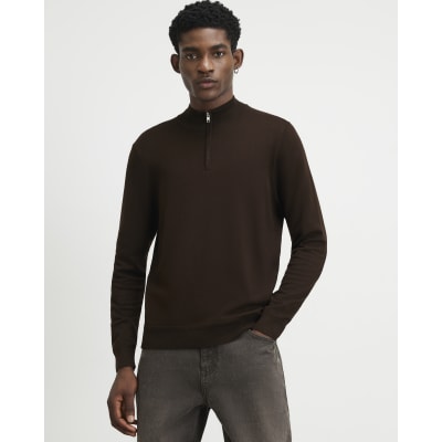 Brown Slim Fit Half Zip Jumper
