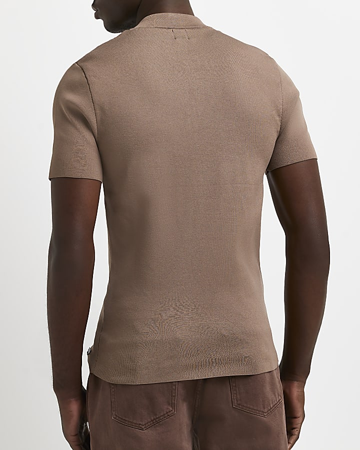Brown slim fit half zip smart knitted t-shirt