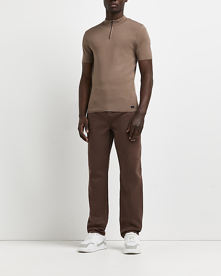 Brown slim fit half zip smart knitted t-shirt