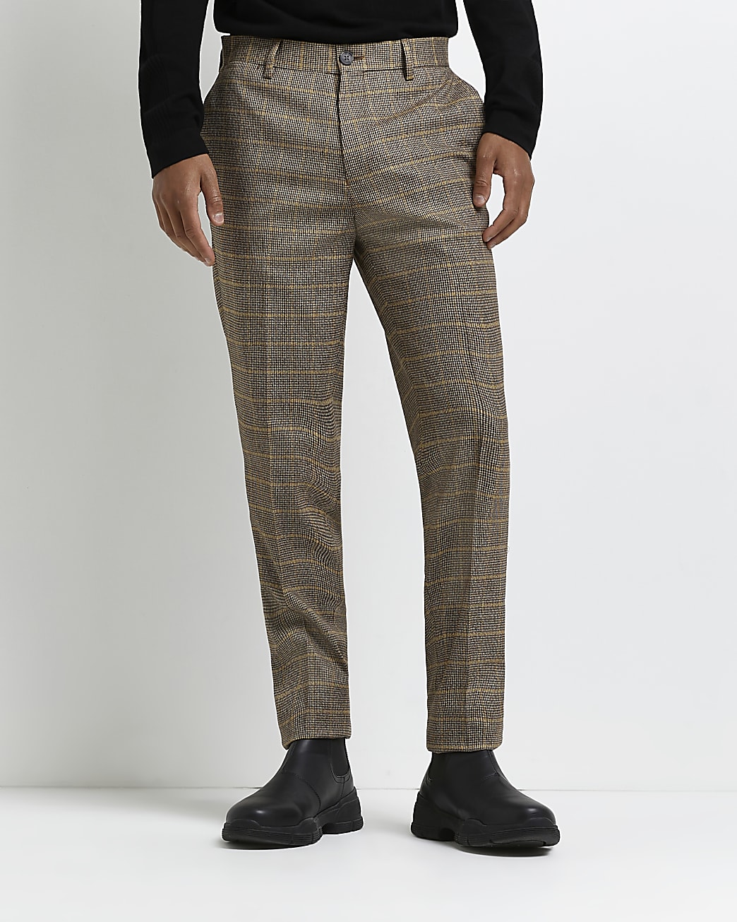 Brown slim fit heritage check print trousers