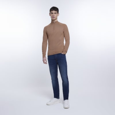 Brown slim fit knitted half zip jumper | River Island