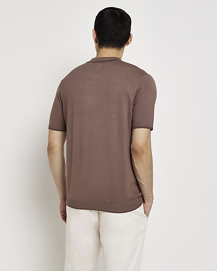 Brown slim fit knitted polo shirt