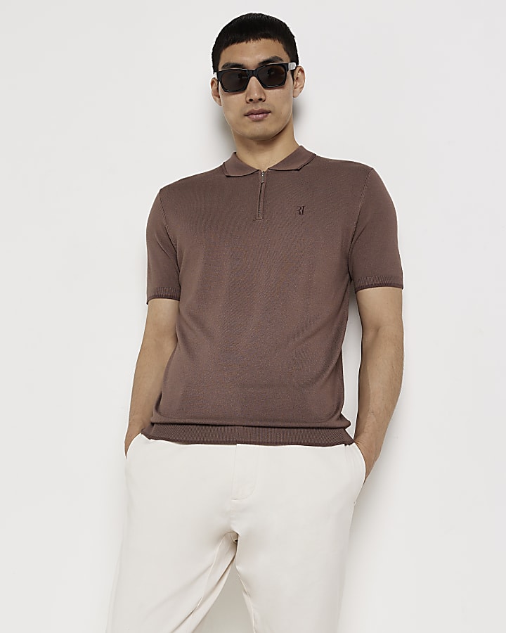 Brown slim fit knitted polo shirt