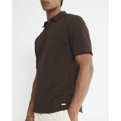 Brown Slim Fit Pintuck Open Collar Polo Shirt