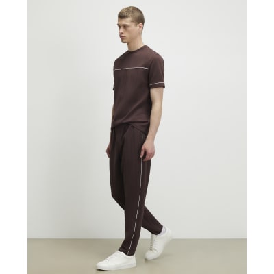 Brown Slim Fit Piped Textured Joggers