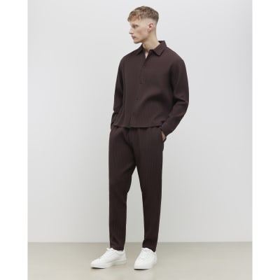 Brown Slim Fit Plisse Wide Leg Joggers