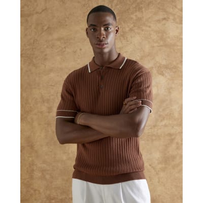 Brown Slim Fit Ribbed Polo Shirt