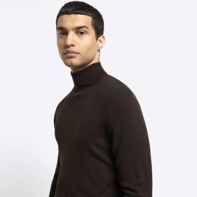 Brown slim fit rolled neck jumper | River Island