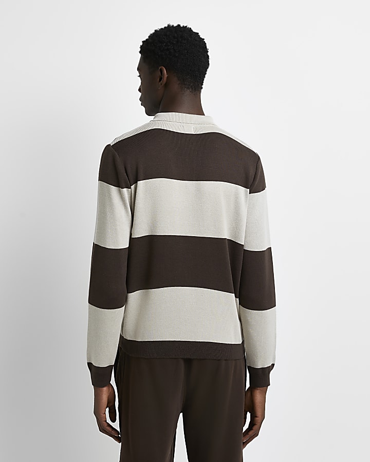 Brown slim fit stripe polo shirt