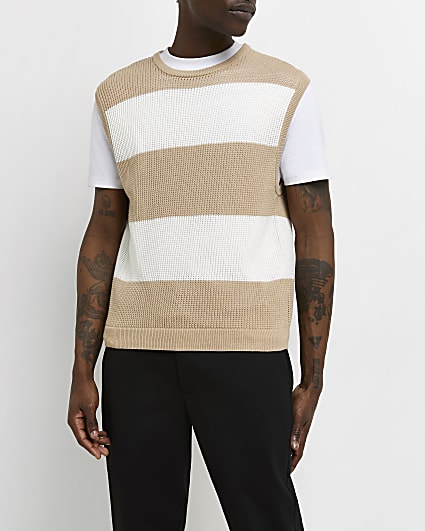 Brown Slim fit stripe sleeveless jumper