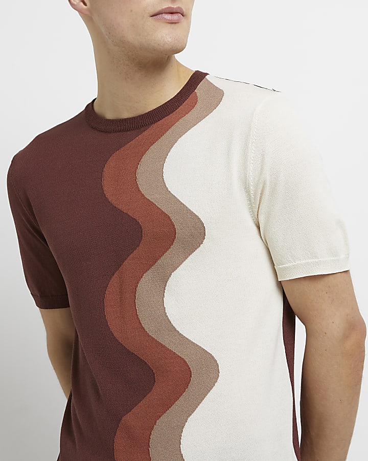 Brown slim fit swirl stripe t-shirt