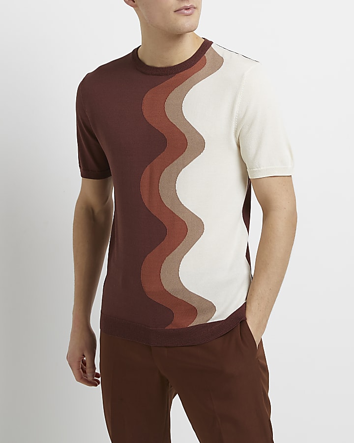 Brown slim fit swirl stripe t-shirt