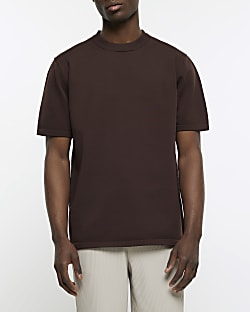 Brown slim fit textured t-shirt
