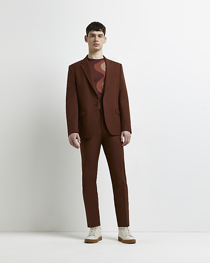 Brown slim fit twill suit jacket